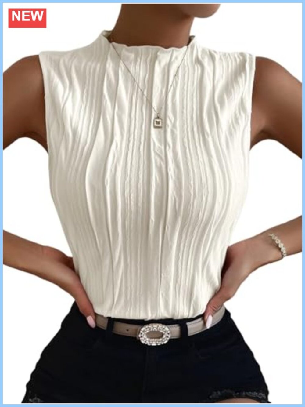 Mock Neck Textured Tank Top Sleeveless Business Office Outfit